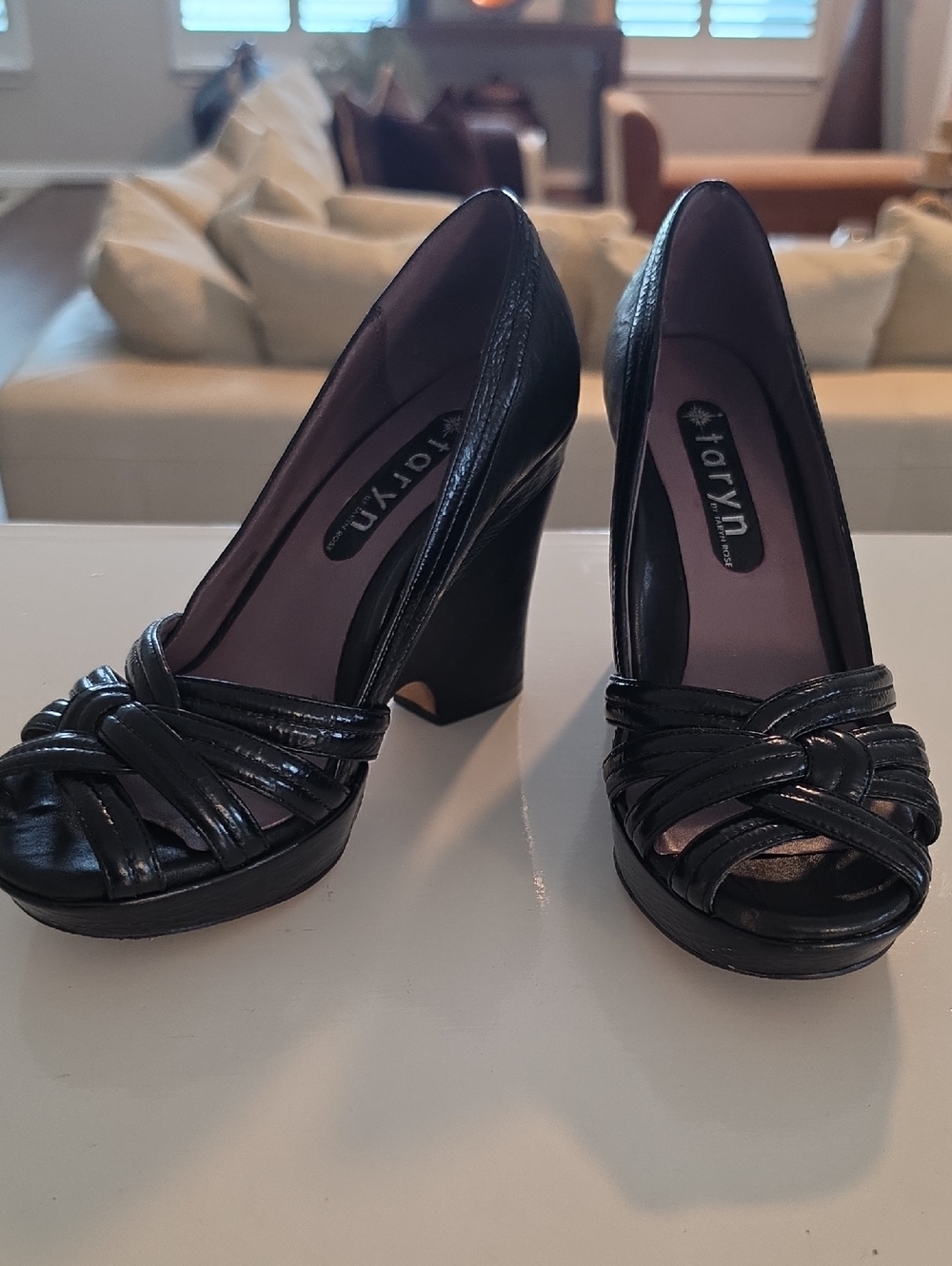 Taryn Rose Black Knotted Peep-Toe Wedge Pumps